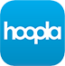 Hoopla logo text in white on a sky blue background.
