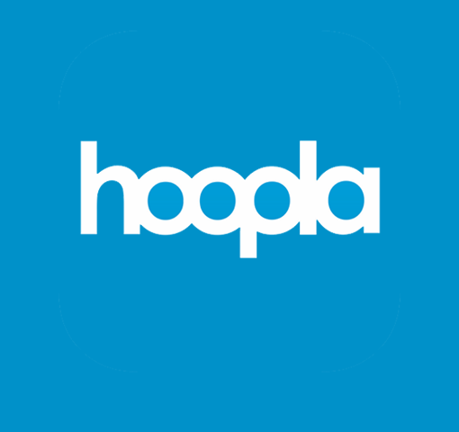 White text, that reads "hoopla" on a bright blue background.