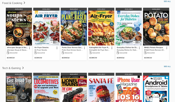 Screenshot of magazines available in the Libby app.